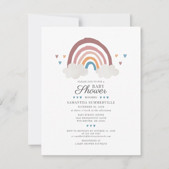 Invitación Chic Baby Shower Moderno Arcoíris Boho Script (Anverso)