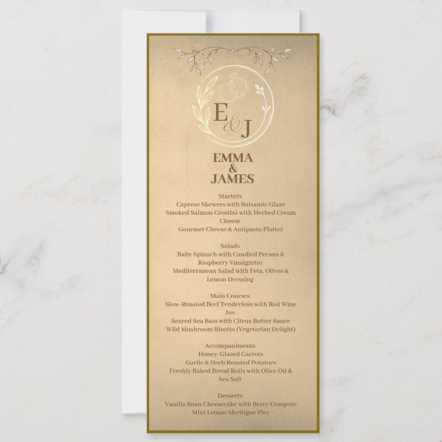 Invitación Chic Beige Cream Watercolor, Monogram Wedding Menu (Anverso)
