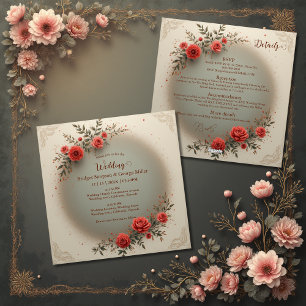 Invitación chic beige floral vintage rosa boda todo en uno