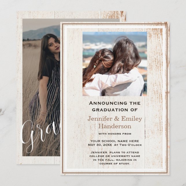 Invitación Chic Beige photo double graduation Announcement (Anverso / Reverso)