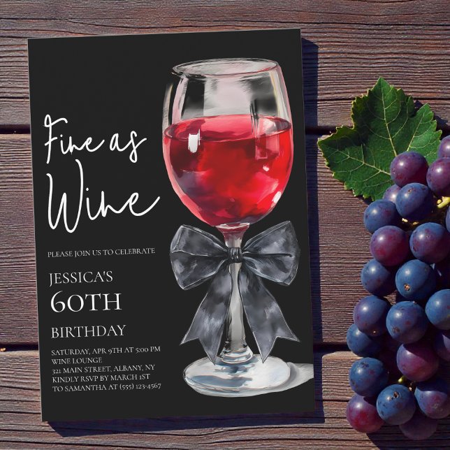 Invitación Chic Black Bow Fine as Wine 60th Birthday Party (Chic Black Bow Fine as Wine 60th Birthday Party Invitation)
