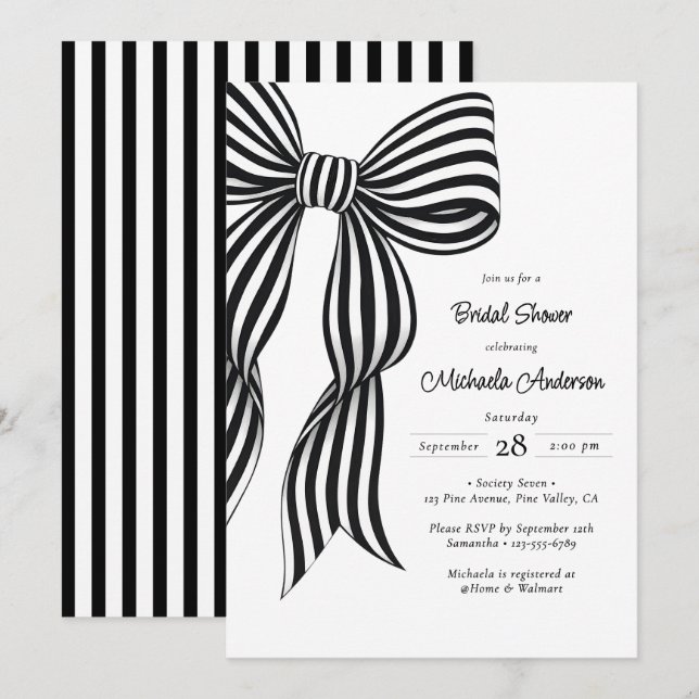 Invitación Chic Black Coquette Bow Striped Bridal Shower Invi (Anverso / Reverso)