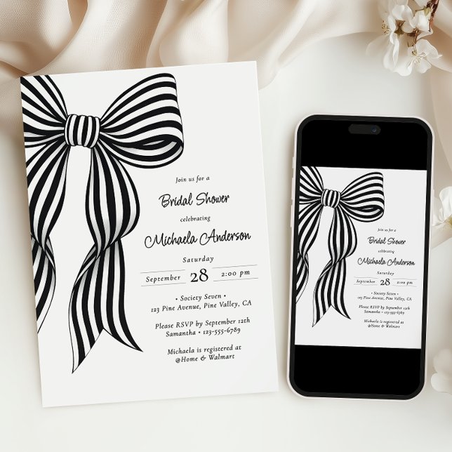 Invitación Chic Black Coquette Bow Striped Bridal Shower Invi (Subido por el creador)