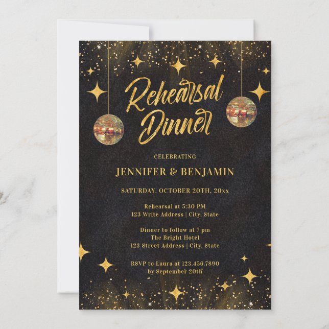 Invitación Chic Black Gold Disco Ball Rehearsal Dinner (Reverso)
