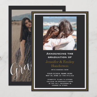 Invitación Chic Black photo double graduation Announcement
