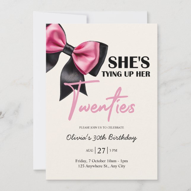 Invitación Chic Black & Pink Bow 30th Birthday Invitation (Anverso)