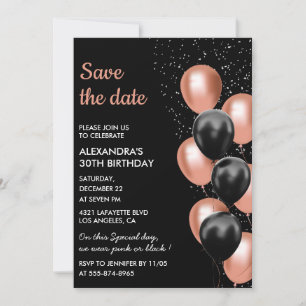 Invitación Chic Black Rose Gold Balloon 30 Cumpleaños Salva l