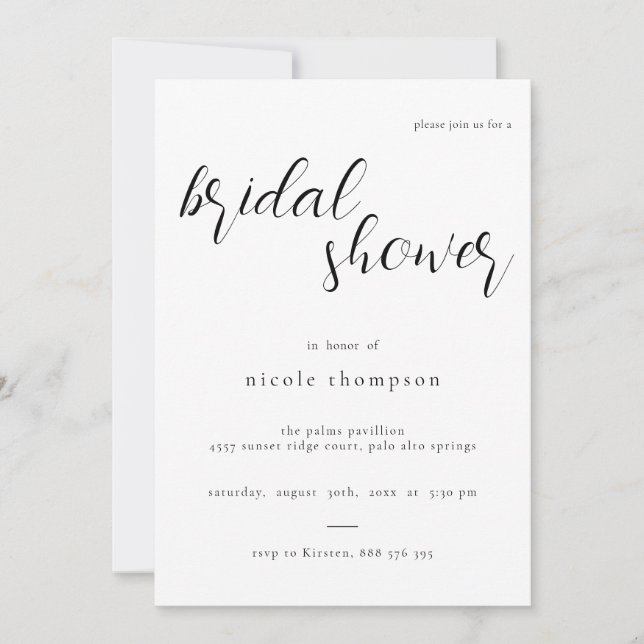 Invitación Chic Black Script Bridal Shower Invitation Minimal (Anverso)