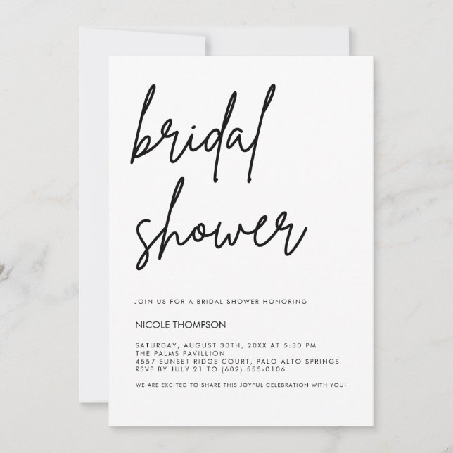 Invitación Chic Black Script Bridal Shower Invitation Minimal (Anverso)