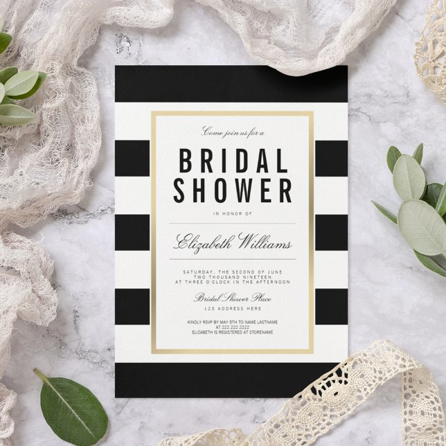 Invitación Chic Black White Striped Gold Bridal Shower Invite (Subido por el creador)