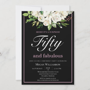 Invitación Chic Blanco Floral Cincuenta y Fabuloso Cumpleaños