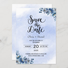 Invitación Chic Blue Floral Wedding Save the Date