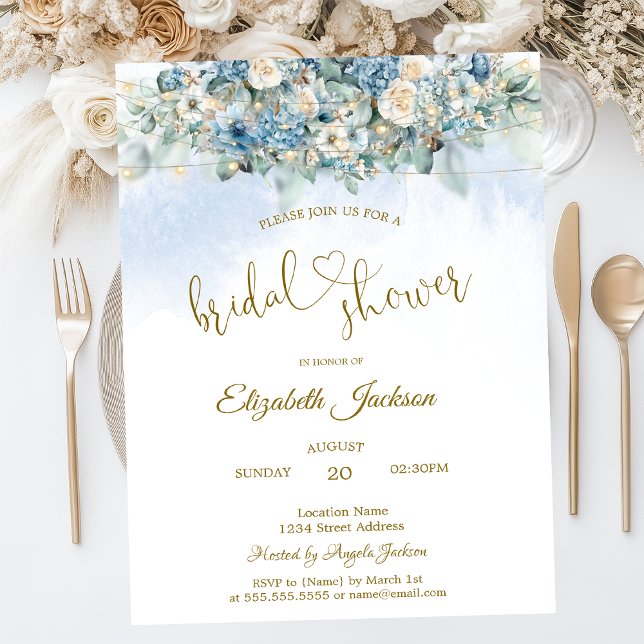 Invitación Chic Blue Flowers String Lights Bridal Shower (Subido por el creador)