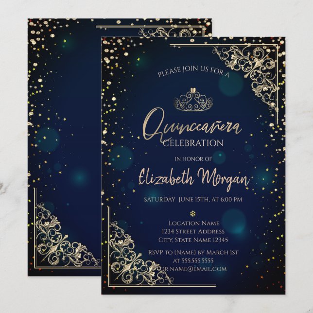 Invitación Chic Blue Gold Tiara,Diamonds Quinceañera (Anverso / Reverso)
