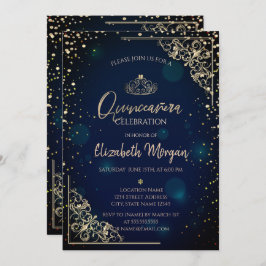 Invitación Chic Blue Gold Tiara,Diamonds Quinceañera