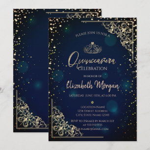 Invitación Chic Blue Gold Tiara,Diamonds Quinceañera
