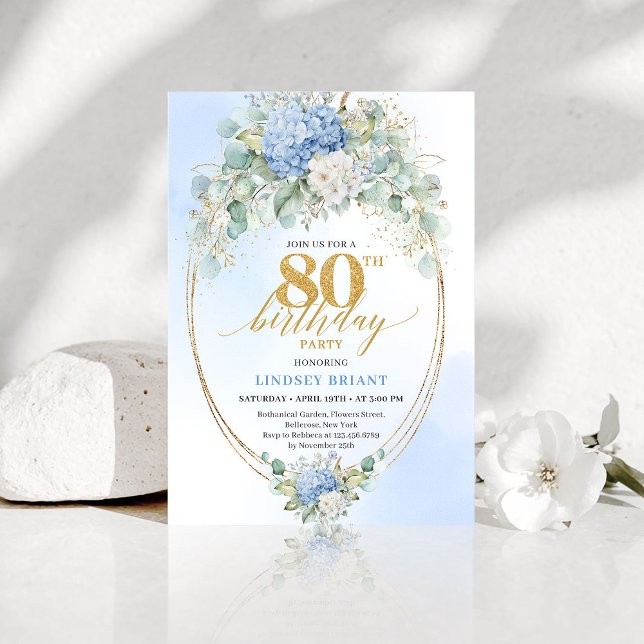 Invitación Chic Blue Hydrangea Eucalyptus 80th Birthday Invit (Chic Blue Hydrangea Eucalyptus 80th Birthday Invitation)