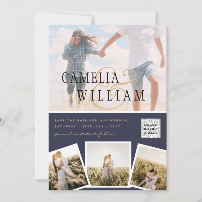 Invitación Chic Blue Photo Wedding Invite QR Code Save Date  (Anverso)