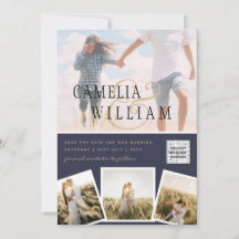 Chic Blue Photo Wedding Invite QR Code Save Date 