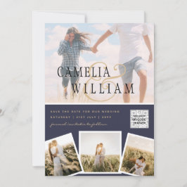 Invitación Chic Blue Photo Wedding Invite QR Code Save Date 