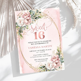 Invitación Chic Blush Pink Floral Eucalyptus Sweet 16 Invite