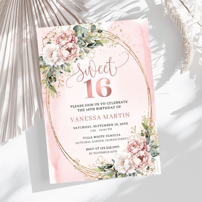 Invitación Chic Blush Pink Floral Eucalyptus Sweet 16 Invite (Chic Blush Pink Floral Eucalyptus Sweet 16 Invitation)