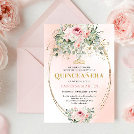 Invitación Chic Blush Pink Floral Gold Quinceañera Boho Invit