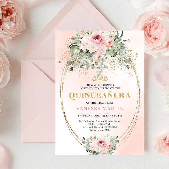 Invitación Chic Blush Pink Floral Gold Quinceañera Boho Invit (Chic Blush Pink Floral Gold Quinceañera Boho Invite)