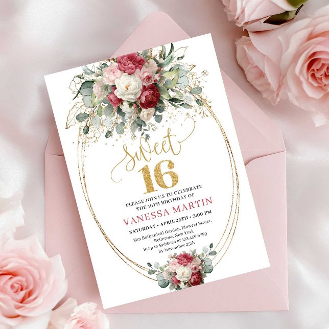 Invitación Chic Blush Red Greenery Sweet Sixteen Birthday   (Chic Blush Red Greenery Sweet Sixteen Birthday Invite)