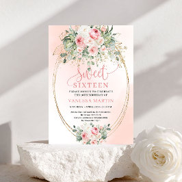 Invitación Chic Blush Roses Gold Floral 16th Birthday Card