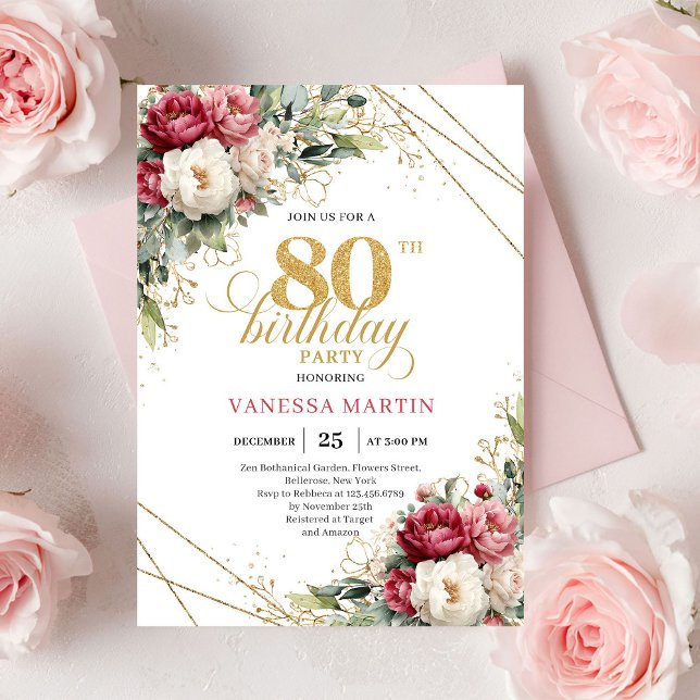 Invitación Chic Blush White Greenery 80th Birthday Invite (Chic Blush White Greenery 80th Birthday Invite)