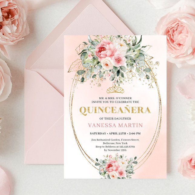 Invitación Chic Blush y Gold Boho Quinceañera (Chic Blush and Gold Boho Quinceañera Invitation

)