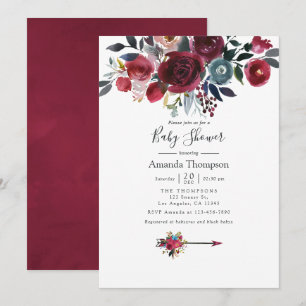 Invitación Chic Bohème Burgundy y Navy floral Baby Shower