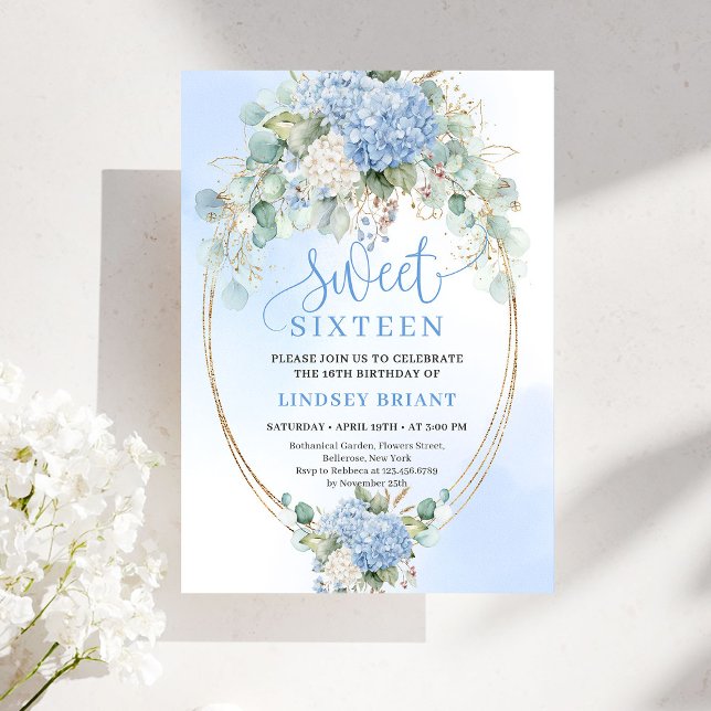 Invitación Chic Bohemian Blue Floral Gold Sweet 16 Invite (Chic Bohemian Blue Floral Gold Sweet 16 Invite)