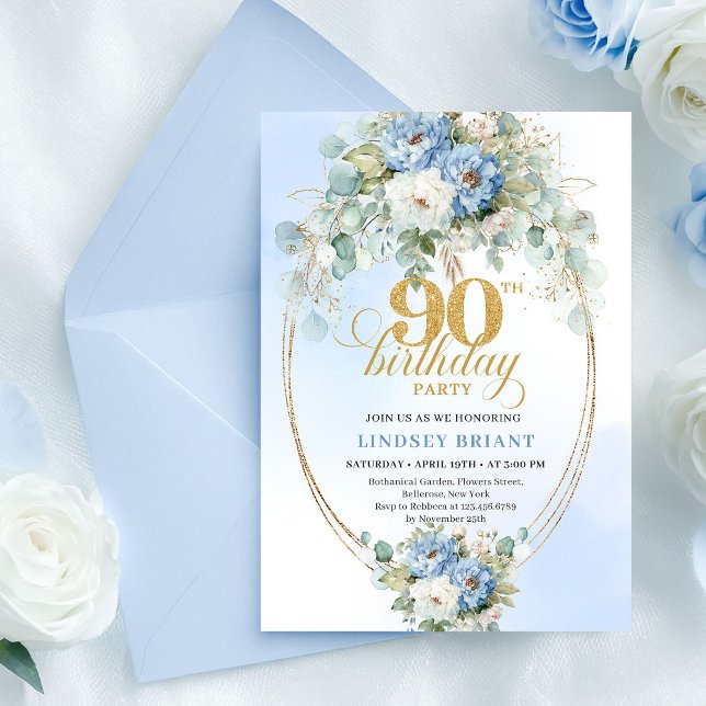 Invitación Chic Bohemian Blue Flowers 90th Birthday Invite (Chic Bohemian Blue Flowers 90th Birthday Invite)