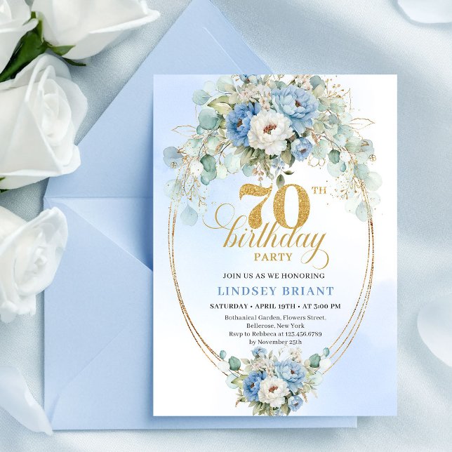 Invitación Chic Bohemian Blue Flowers and Gold 70th Birthday (Chic Bohemian Blue Flowers and Gold 70th Birthday)