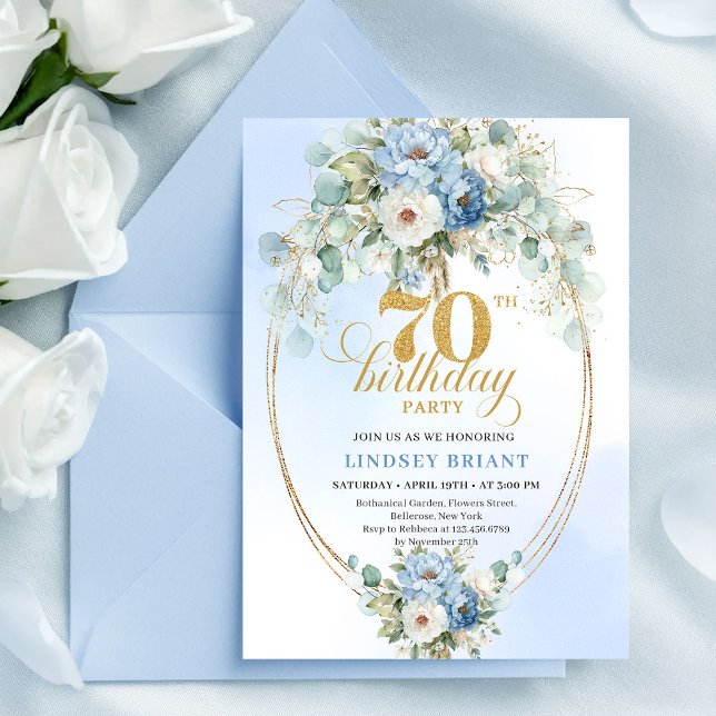 Invitación Chic Bohemian Pastel Blue Peonies 70th Birthday  (Chic Bohemian Pastel Blue Peonies 70th Birthday Invite

)