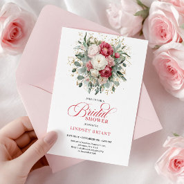 Invitación Chic Bohemian Red White Gold Roses Bridal Shower