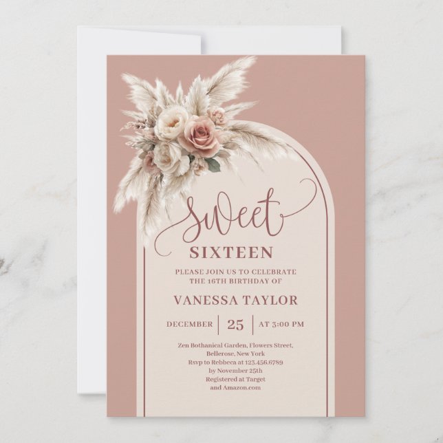 Invitación Chic Boho Arco Dusty Rose Pampas Floral Dulces 16 (Anverso)