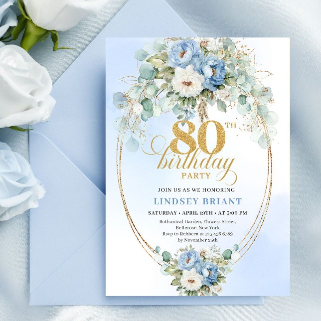 Invitación Chic Boho Azul Claro Floral Dorado Cumpleaños 80  (Chic Boho Light Blue Floral Gold 80th Birthday Invitation)