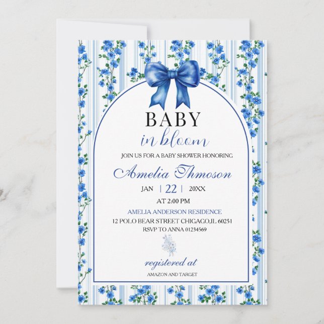 Invitación Chic Boho Azul Niño Flor Silvestre Shower de Bebé (Anverso)