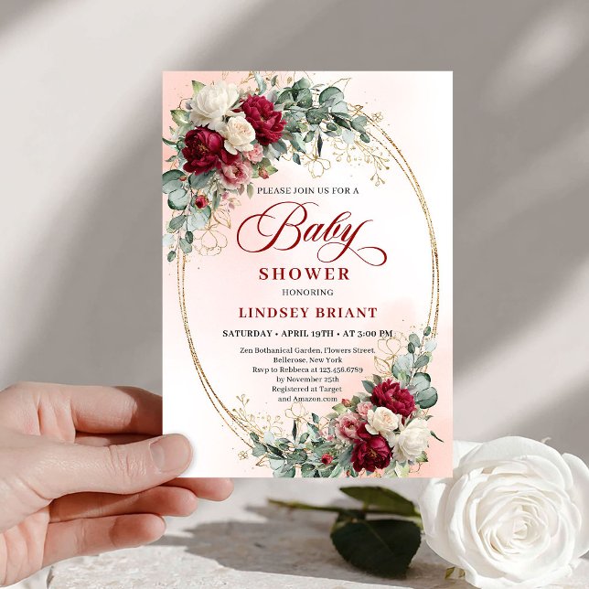 Invitación Chic Boho Burgundy and Gold Baby Shower Invite (Chic Boho Burgundy and Gold Baby Shower Invite)