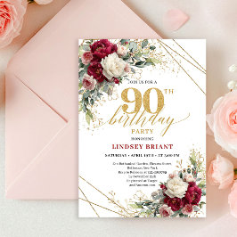 Invitación Chic Boho Burgundy Blush Floral Gold 90th Birthday