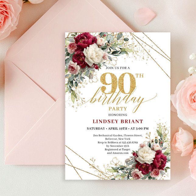 Invitación Chic Boho Burgundy Blush Floral Gold 90th Birthday (Chic Burgundy Blush Floral Gold 90th Birthday Invite)