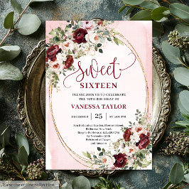 Invitación Chic Boho Burgundy Blush Floral Gold Sweet Sixteen