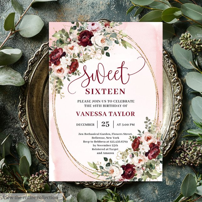 Invitación Chic Boho Burgundy Blush Floral Gold Sweet Sixteen (Chic Boho Burgundy Blush Floral Gold Sweet Sixteen Invitation)