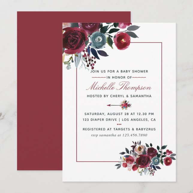 Invitación Chic boho burgundy y floral naval Baby Shower (Anverso / Reverso)
