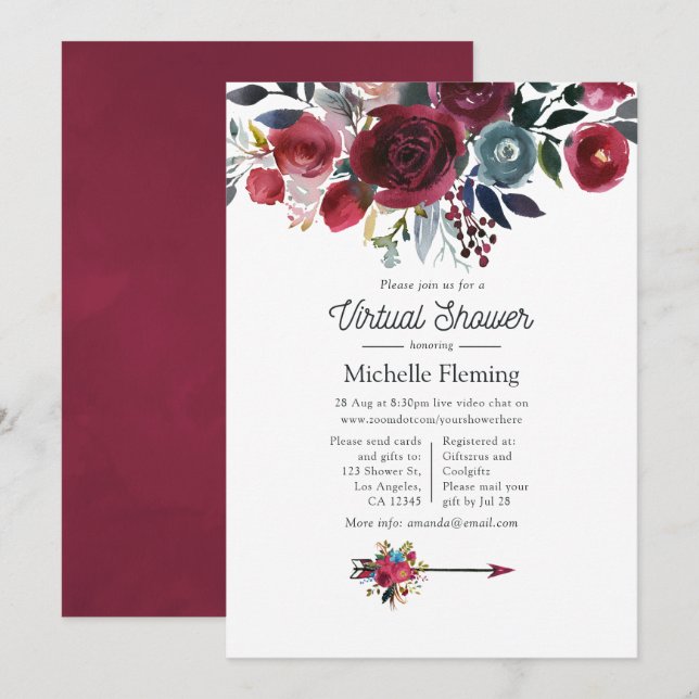 Invitación Chic Boho Burgundy y Navy Fiesta Virtual de Baby S (Anverso / Reverso)