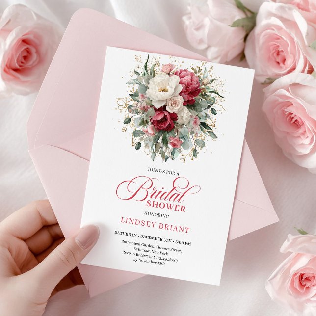 Invitación Chic Boho Carmesí Blanco Verde Bridal Shower  (Chic Boho Crimson White Greenery Bridal Shower Invite

)