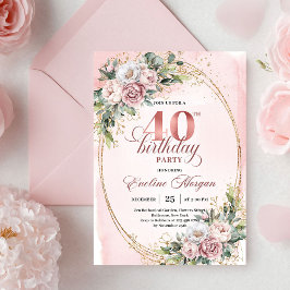Invitación Chic Boho Dusty Pink Floral 40th Birthday Invite